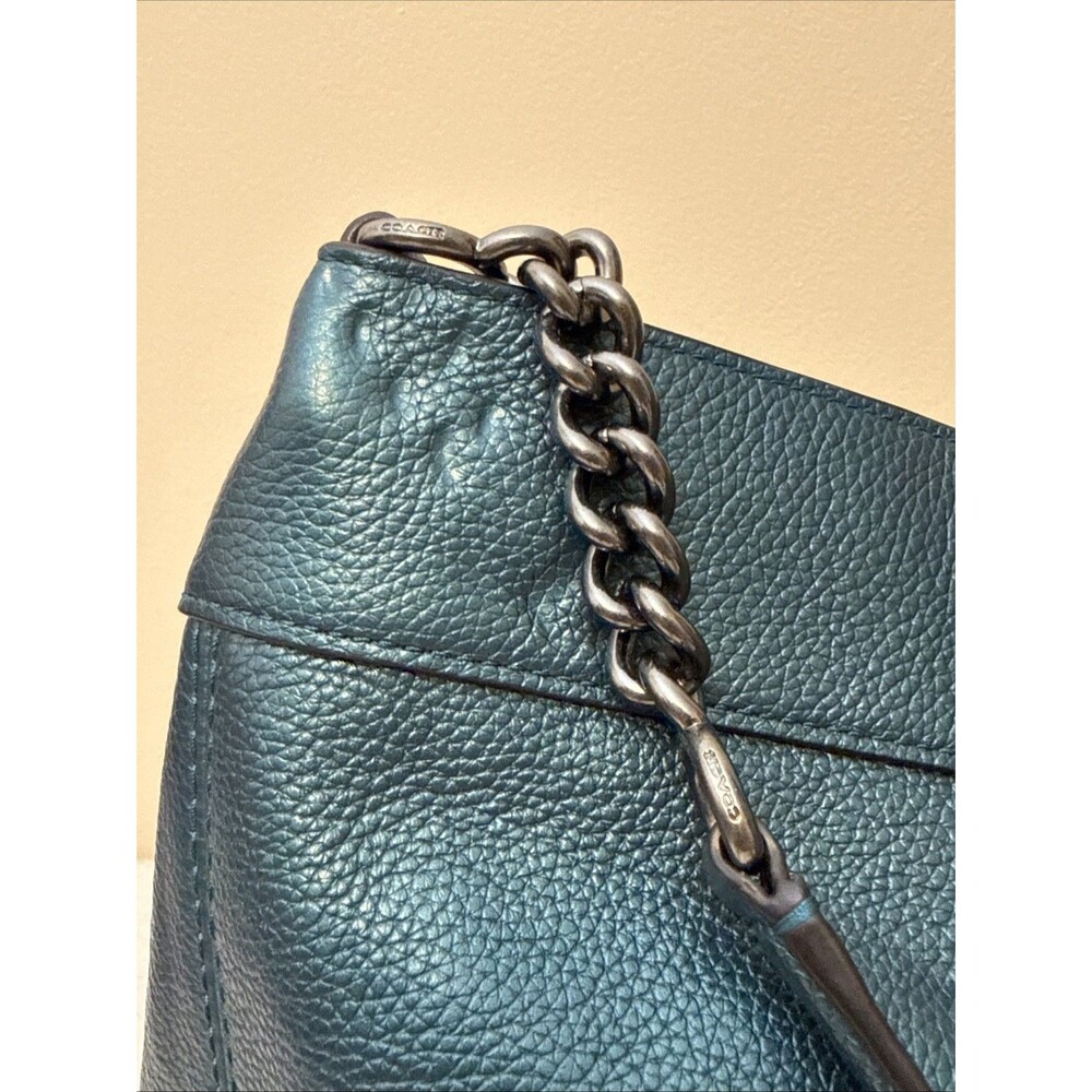 Coach 22209 Lexy Leather Chain Metallic Peacock Teal Tote Shoulder Bag Purse EUC - Picture 11 of 16